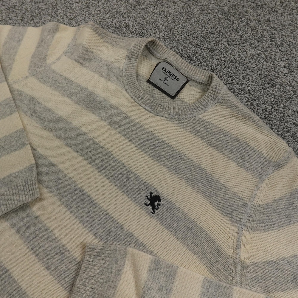 Express Sweater Mens XL Gray Stripe Lambswool Cashmere Crewneck‎ Knit Pullover